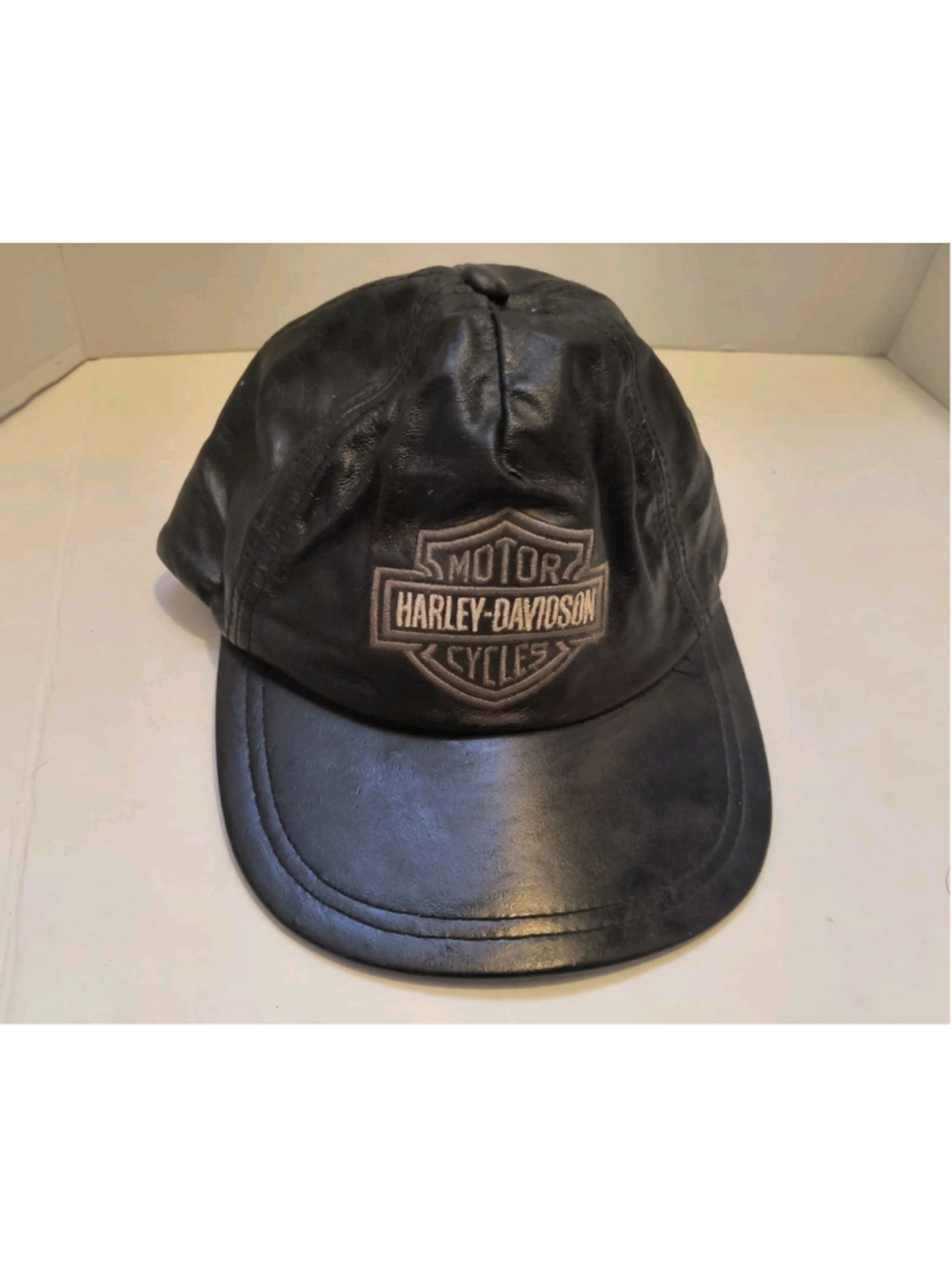 Vintage Harley Davidson Genuine Leather Hat Cap Embroidered Bar Shield Strapback